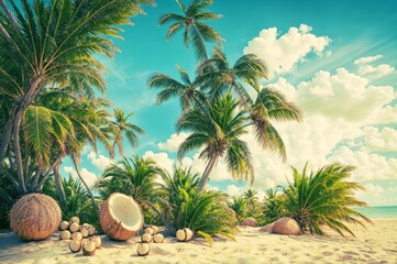 A sunny beach with palm trees and coconuts scattered around.