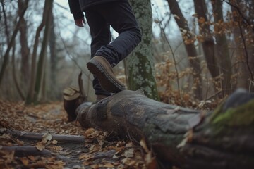 Fototapeta premium man stepping over a fallen log on the path