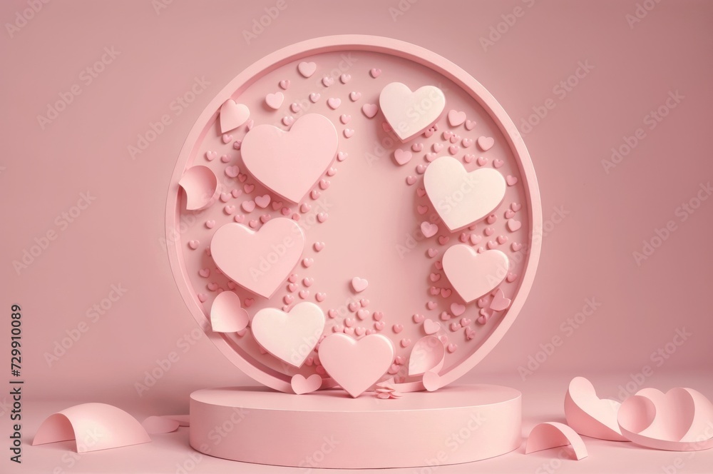Aufkleber the image features a pink, round platform with a series of smaller hearts scattered around it. the b