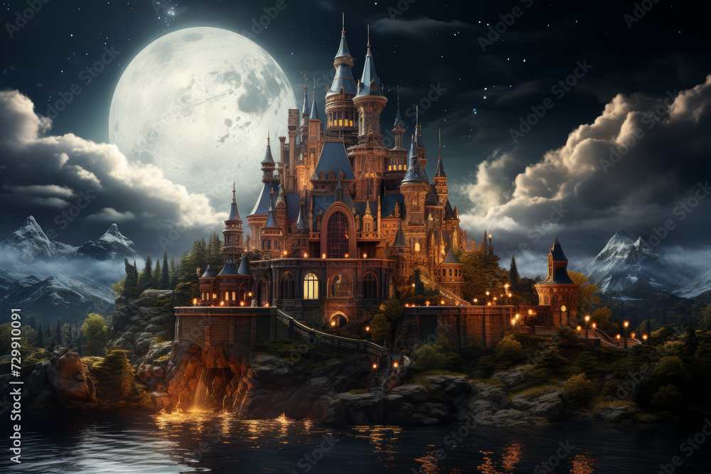 Poster an image of an enchanted castle atop a floating island, surrounded by swirling clouds and mystical l