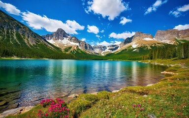 Fototapeta na wymiar beautiful relaxing peaceful landscape, mountain, lake, beach