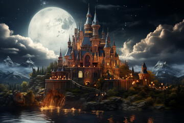 An image of an enchanted castle atop a floating island, surrounded by swirling clouds and mystical...