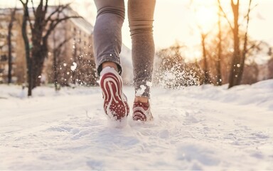 Close-up of female legs in sneakers running and kicking snow. Snowy weather concept. Light color palette