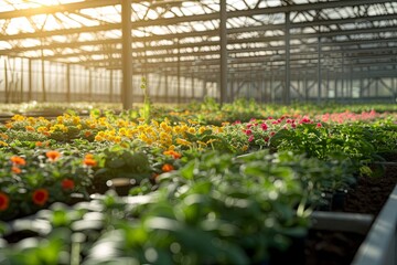 Fototapeta na wymiar Rows of flower plants seedlings growing inside big industrial greenhouse. Industrial agriculture.