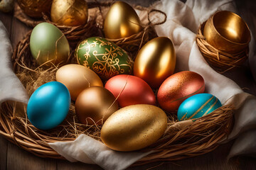 Fototapeta na wymiar Su ripiano di legno still life di uova di Pasqua colorate e decorate. Ricorrenza di primavera.