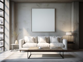 Living room wall poster mockup. Interior mockup with house background