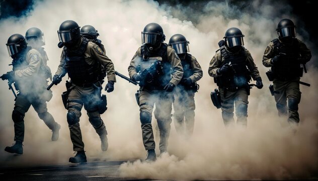 The image shows a group of police officers dressed in riot gear. They are walking through a cloud of smoke while holding their weapons.