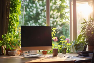 Fototapeta premium Modern home office with greenery and lots of green plants. Work life balance concept. Enjoying working from an atmospheric home office full of green plants.