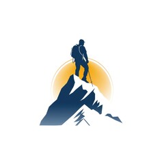 illustration of rock climber on top mountain. Circle logo.