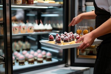 chef pulling out a tray of desserts from a fridge - 729910673
