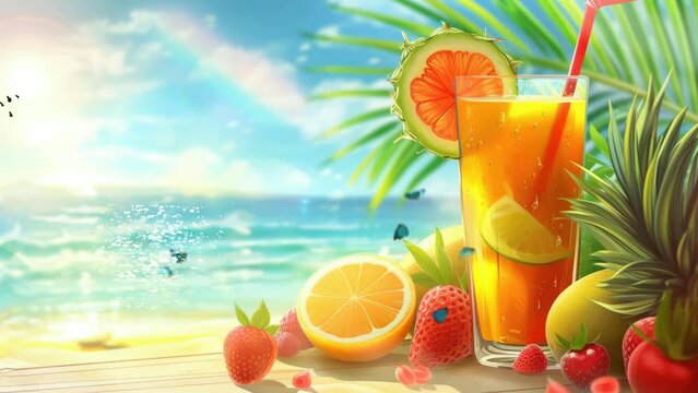 Summer Holiday Background with Beach and Fresh Juice Water - Cartoon or Anime Watercolor Painting Illustration Style. Seamless Looping 4K Time-Lapse Virtual Video Animation Background
