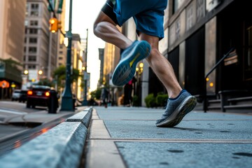 jogger leaps over city sidewalk curb