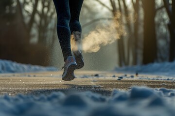 breath visible on brisk jogger in cool air - obrazy, fototapety, plakaty
