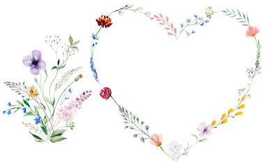Heart and bouquet made with watercolor summer wild flowers and leaves, Colorful wedding illustration