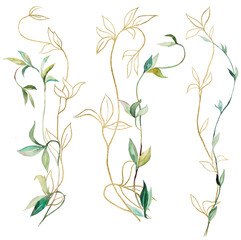 Watercolor green and golden botanical leaves isolated illustration, wedding stationery element