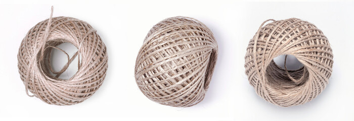 Rolls of Tangled Jute String on a White Background. Set of 3 Skeins of Thin String Made of Natural...