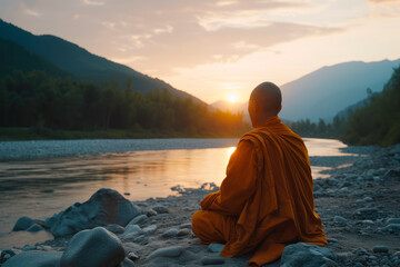 Back view a buddhist monk meditating in the river valley of a mountain during sunset.