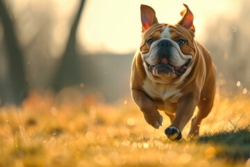 Brown Bulldog moving toward the camera, its muscular frame propelled forward with determination.