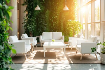 Beautiful trendy modern meeting room and business office surrounded by greenery on a warm, summer day with warm sun light. Eco working concept