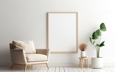 Blank wooden picture frame mockup on off white wall in modern interior. Vertical artwork template mock up for artwork, painting, photo or poster in interior design, chair, green plants. AI Generative.