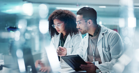 Science, teamwork and laptop with laughing in laboratory for communication, pharmaceutical review...
