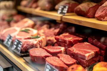 Variety of meat premium products displayed in a butcher shop.