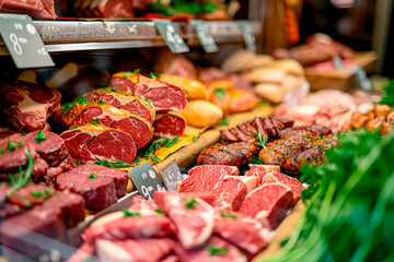 Variety of meat products displayed in a butcher shop.