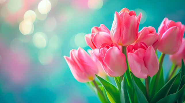 Bouquet of beautiful flowers. Pink tulips on blurred background with copy space for greeting message.