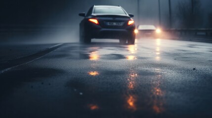 Fototapeta na wymiar close up rain headlights car road highway night with fog lights in motion