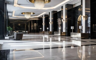 Empty luxury hotel lobby, with sleek modern design and chic decor. Elegant expensive materials like...