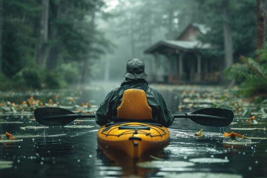 A serene lakeside scene featuring a kayaker surrounded by floating wetland plants, illustrating the concept of natural water purification and the importance of preserving aquatic. Generative Ai.