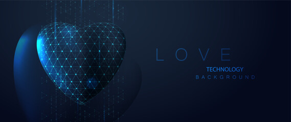 Vector happy valentine's day banner. Wireframe heart in low poly style. Ai futuristic love technology background.
