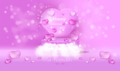 Happy Valentine's Day holiday sale banner vector with podium. Greeting love card on violet background with 3d hearts. 14 February discount illustration with paper heart and bokeh.
