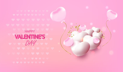 Holiday background with white glossy hearts and balloons. Vector happy valentine's day illustration. Love banner design.
