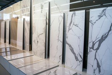 multiple marble slabs displayed in factory showroom