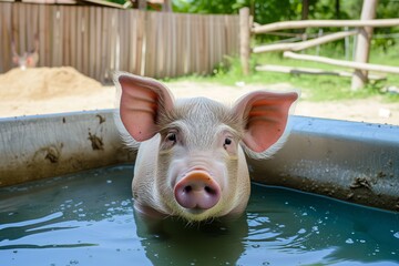 a mini pig taking a bath in a shallow outdoor pool