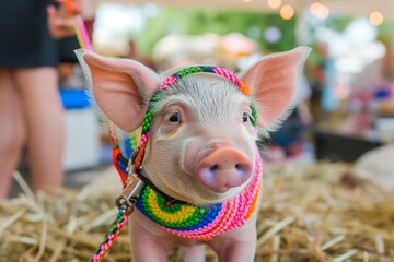 mini pig with colorful harness at a farmers market - obrazy, fototapety, plakaty