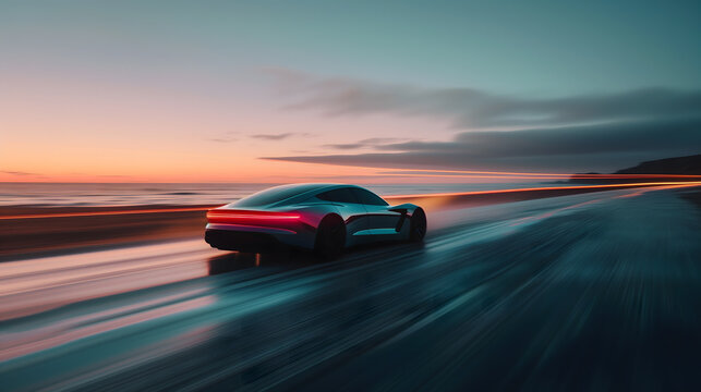  A Sleek, Modern Electric Car Gliding Along A Coastal Road, Its Motion Blur Capturing The Essence Of Speed And The Silent Grace Of Electric Propulsion