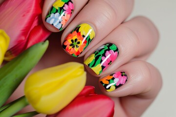 vibrant tulip designs on nails with real tulips in hand - 729911828