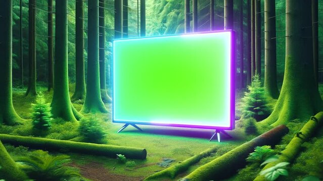 Green screen with neon frame on a forest background.