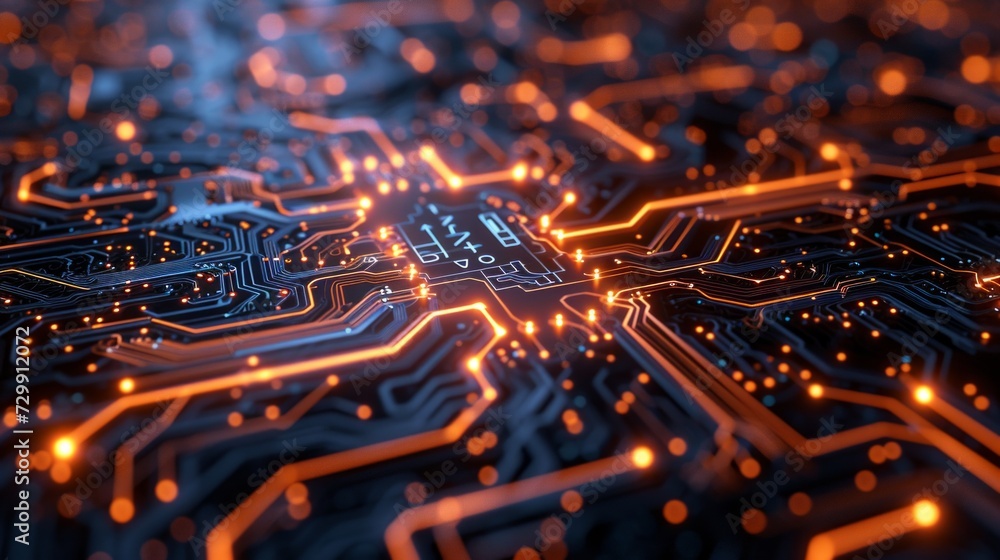 Poster circuit board-inspired patterns with glowing circuits and digital elements