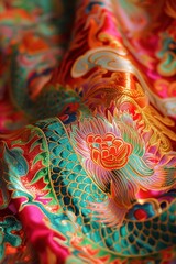 Fototapeta premium Close-up view of dragon dance costume's detailed patterns during Chinese New Year. Bright colors and textures highlight the costume's beauty and craftsmanship.