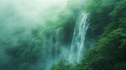 Cascading Waterfall Veil: Misty blues and lush greens form an abstract portrayal of a cascading waterfall amidst a dense, green forest