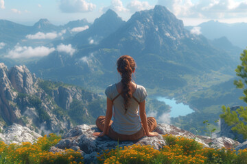 Naklejka na ściany i meble A virtual reality meditation app that transports users to serene mountaintops, allowing them to meditate with breathtaking panoramic views. Concept of VR mountain meditation. Generative Ai.