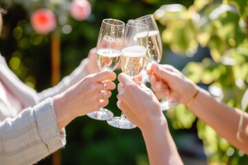 group toasting with champagne in sunny garden
