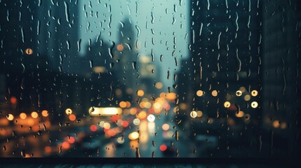 a scene of a city at night with rain, in the style of light cyan and amber, calming and introspective aesthetic - obrazy, fototapety, plakaty