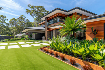 A contemporary Australian home or residential buildings front yard features artificial grass lawn turf, timber edging and many tropical plants - obrazy, fototapety, plakaty
