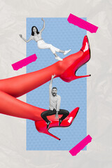 Creative drawing collage picture of beautiful female legs red high heels fashion model shopping...
