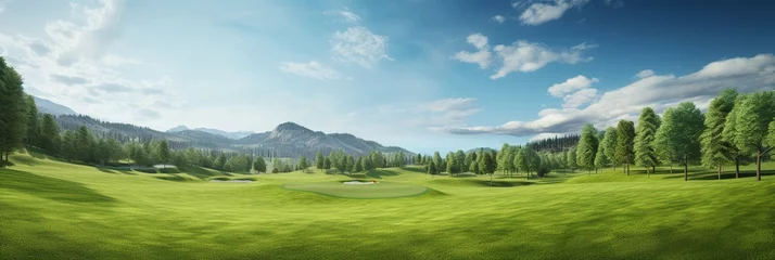 Afwasbaar Fotobehang Bestemmingen Beautiful panorama of golf course with green grass and mountains in background, Ai Generated