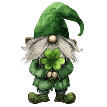 Cute gnome watercolor illustration with clover leaf isolated on background, St. Patrick's Day concept clipart.	